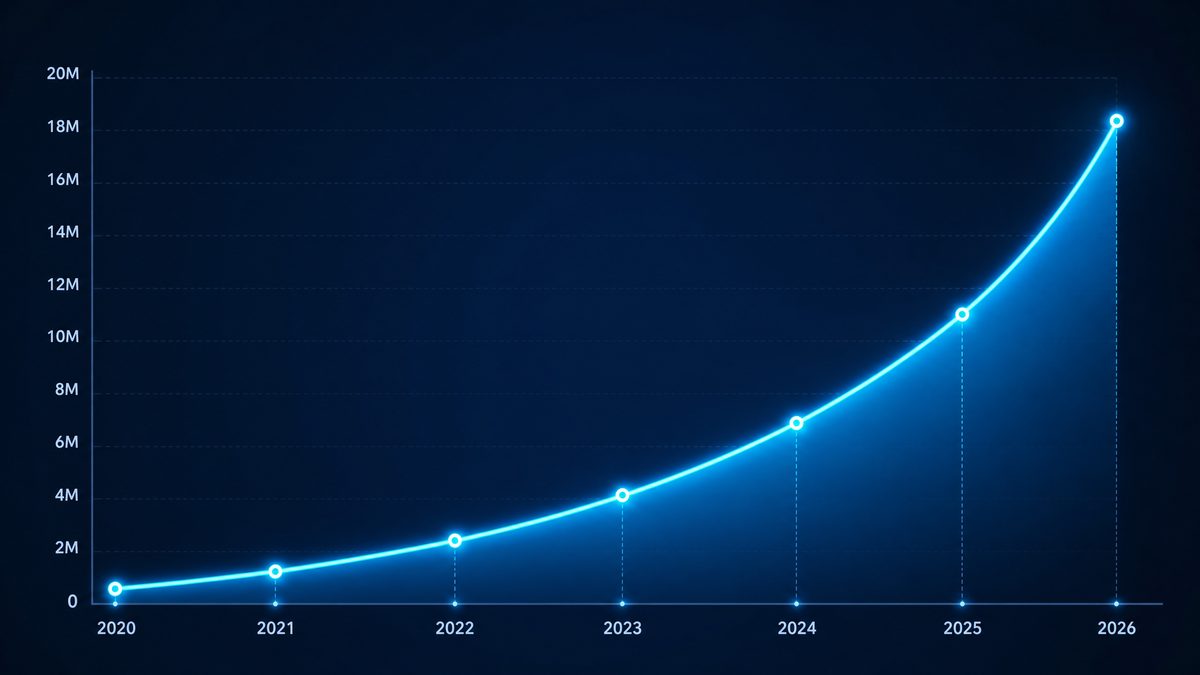 福利姬用户增长数据图表,展示2020-2026年注册用户从50万增长至1800万的趋势